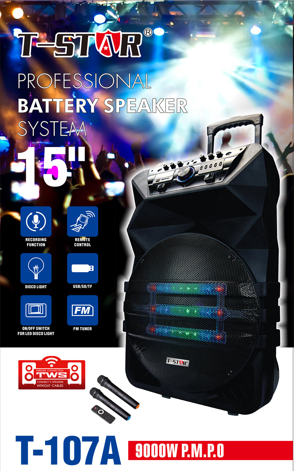 T-107A 15″ T-star Wireless Speaker FM/USB/BT