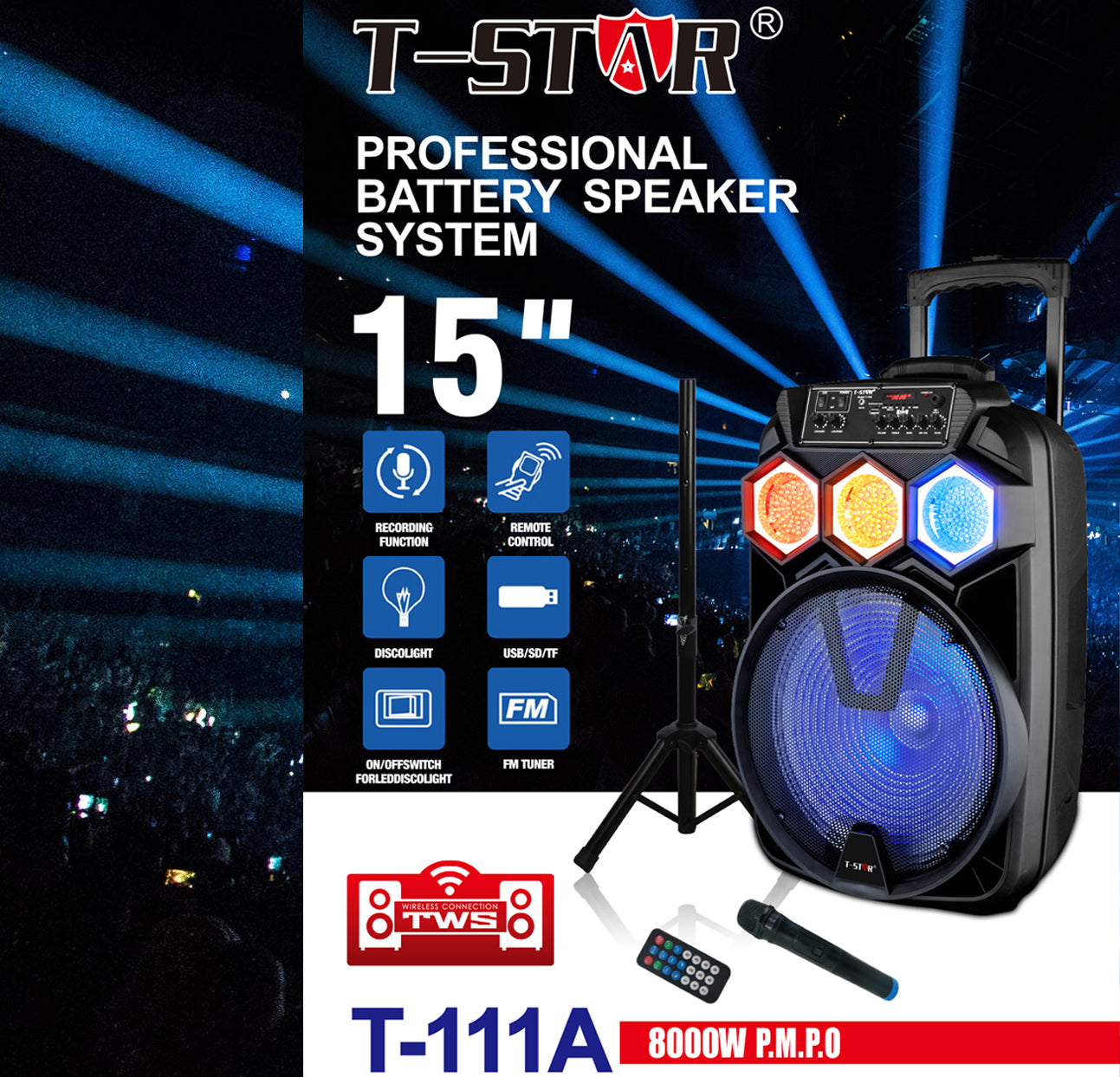 T-111A 15” Speaker Rechargeable System with True Wireless